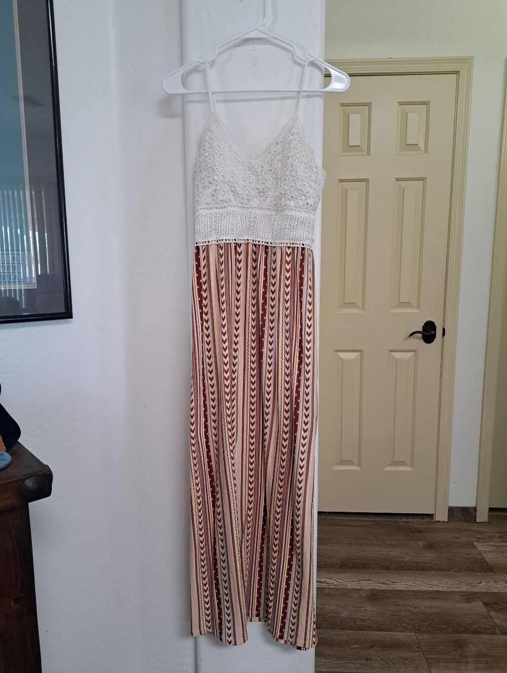 Crochet Bodice Maxi Dress with Stripe Print Skirt Boho Inspired Size Large - Picture 2 of 10